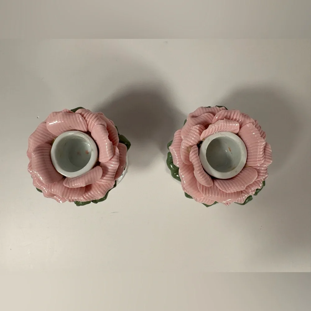Vintage Porcelain Tapered Candle Holders with Pink and Blue Roses.  3”T x 2.25”W